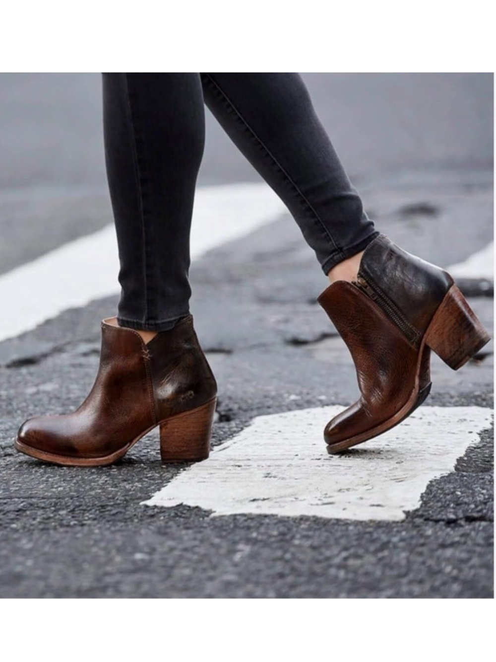 Bed Stu Yell Ankle Boots Leather Stacked Heel Side Zip Booties Vibram 7